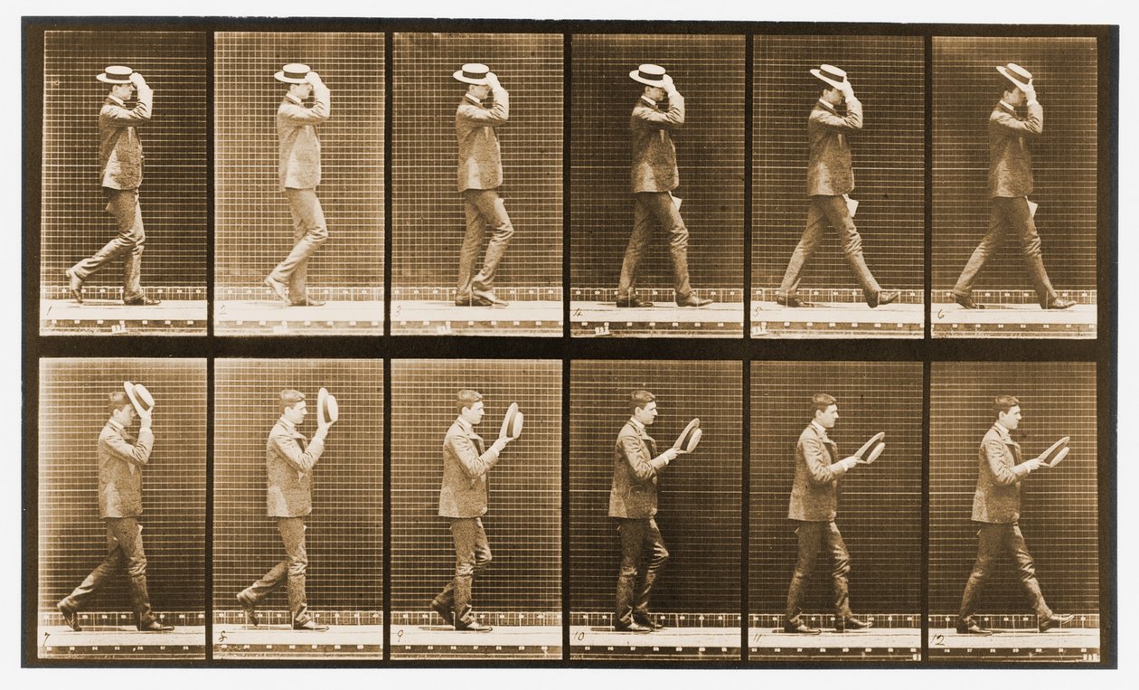 Sekwencja obrazów chodzącego mężczyzny w kapeluszu, seria „Animal Locomotion”, c.1887 autorstwa Eadweard Muybridge