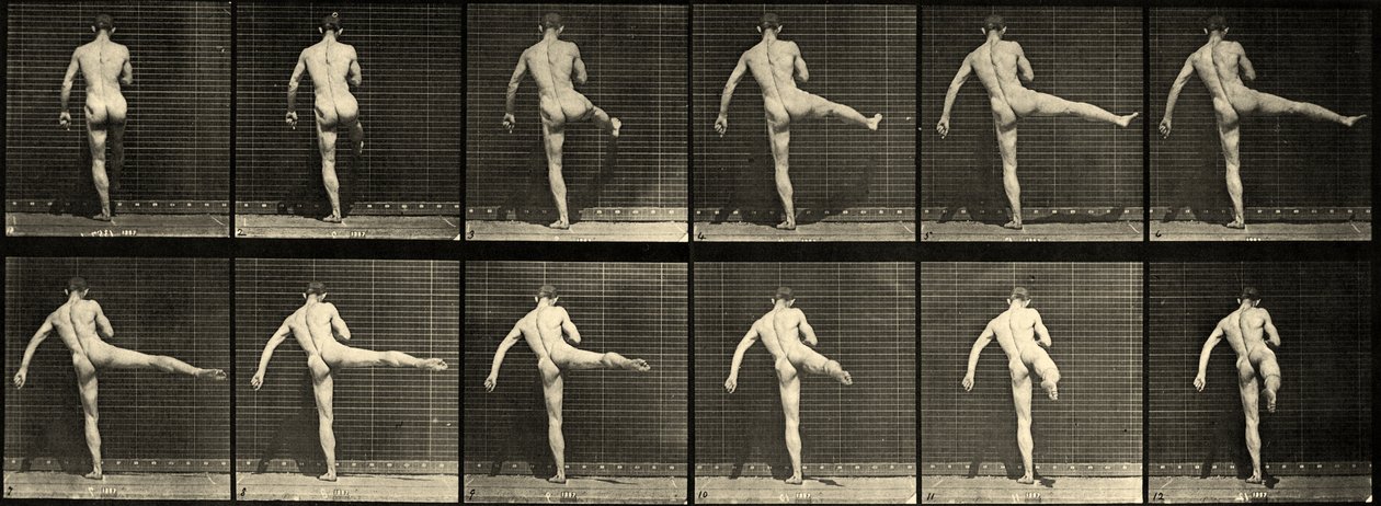 Nagi mężczyzna tańczący balet, pierwsza akcja baletowa, podnoszenie prawej nogi (plansza 369) ok. 1887 r. autorstwa Eadweard Muybridge