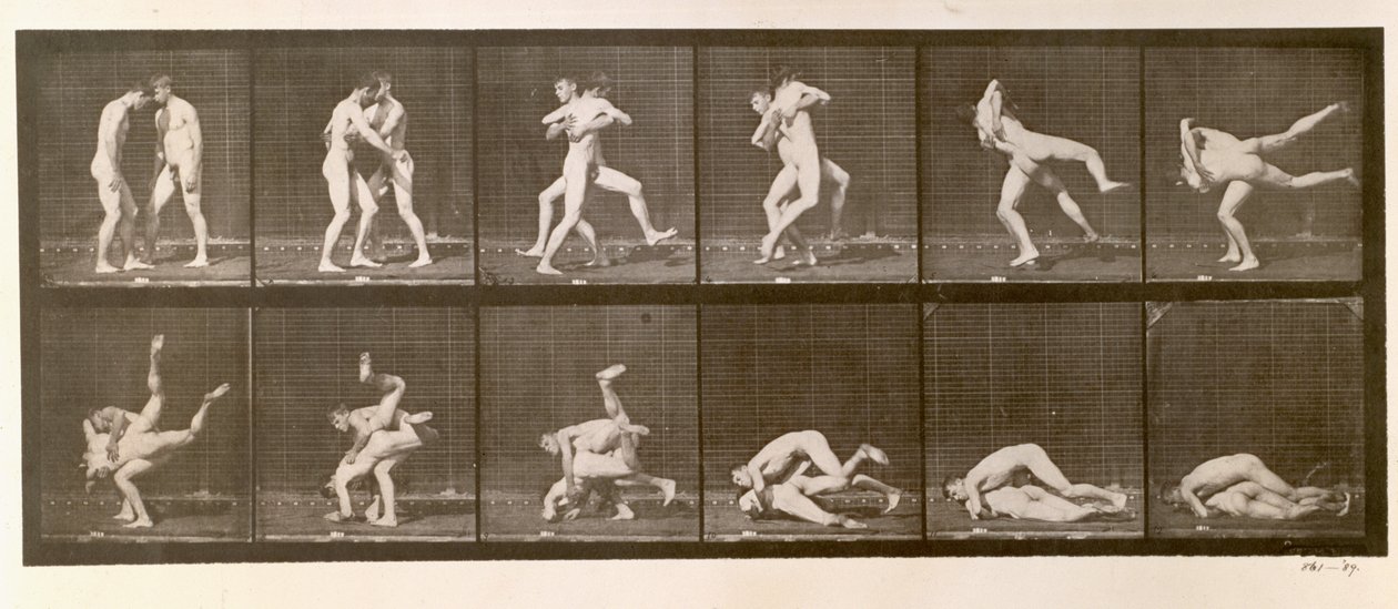 Dwaj mężczyźni walczący w zapasach, płyta 347 z "Animal Locomotion", 1887 autorstwa Eadweard Muybridge