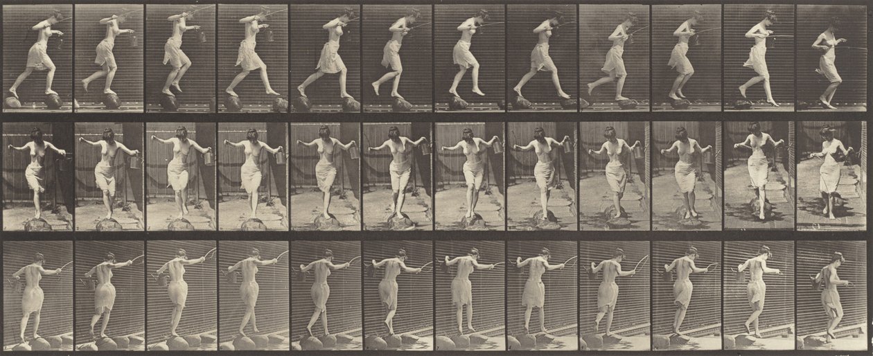 Numer rejestracyjny 175. Przeprawa przez strumyk na pomostach z wędką i puszką, 1887 r. autorstwa Eadweard Muybridge