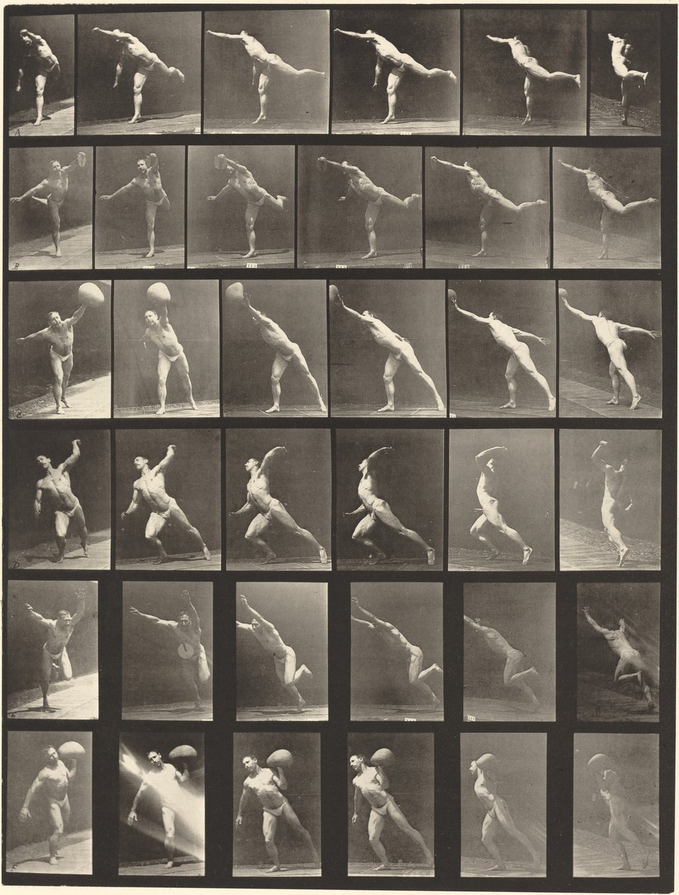 Numer wydawniczy 523. O: Zadanie ciosu. B, E: Dysk do rzucania. C, F: Podnoszenie 75 funtów. Kamień..., 1887. autorstwa Eadweard Muybridge