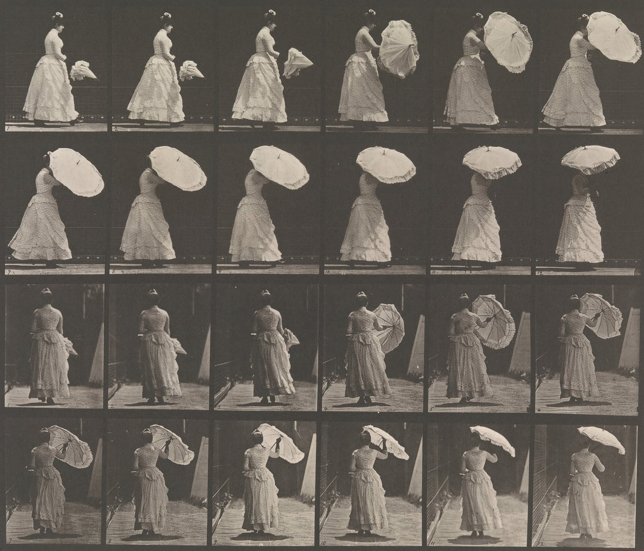 [Woman Opening Parasol], 1883-86, druk 1887. autorstwa Eadweard Muybridge