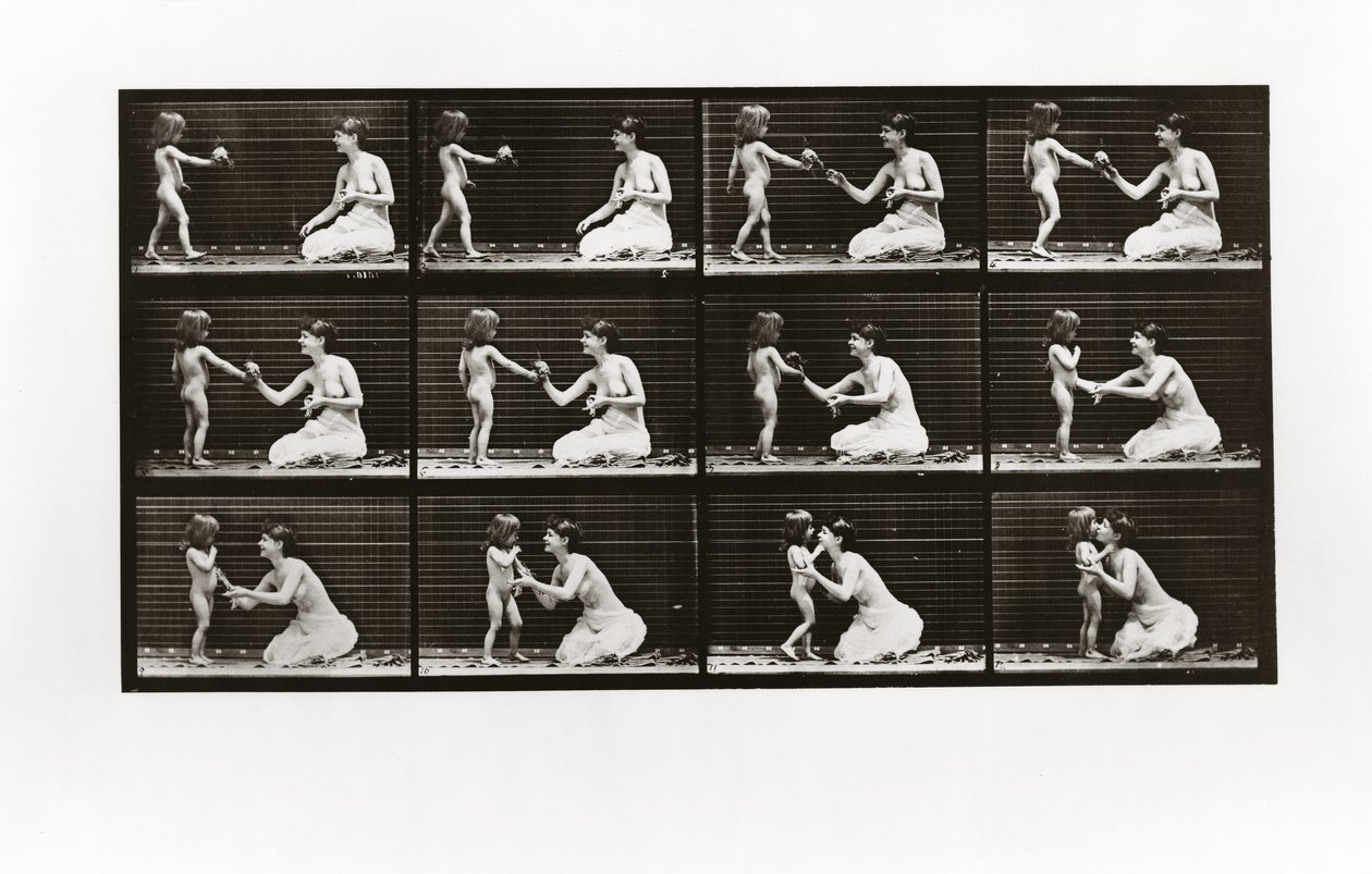 Dziecko niosące bukiet kobiecie, Tablica 465 z Animal Locomotion, 1887 autorstwa Eadweard Muybridge