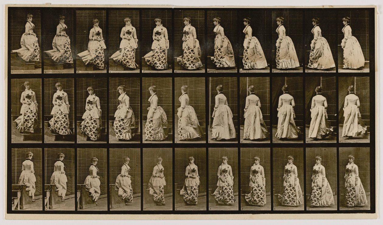 Schodzenie po schodach i obracanie się, z książki Animal Locomotion autorstwa Eadweard Muybridge