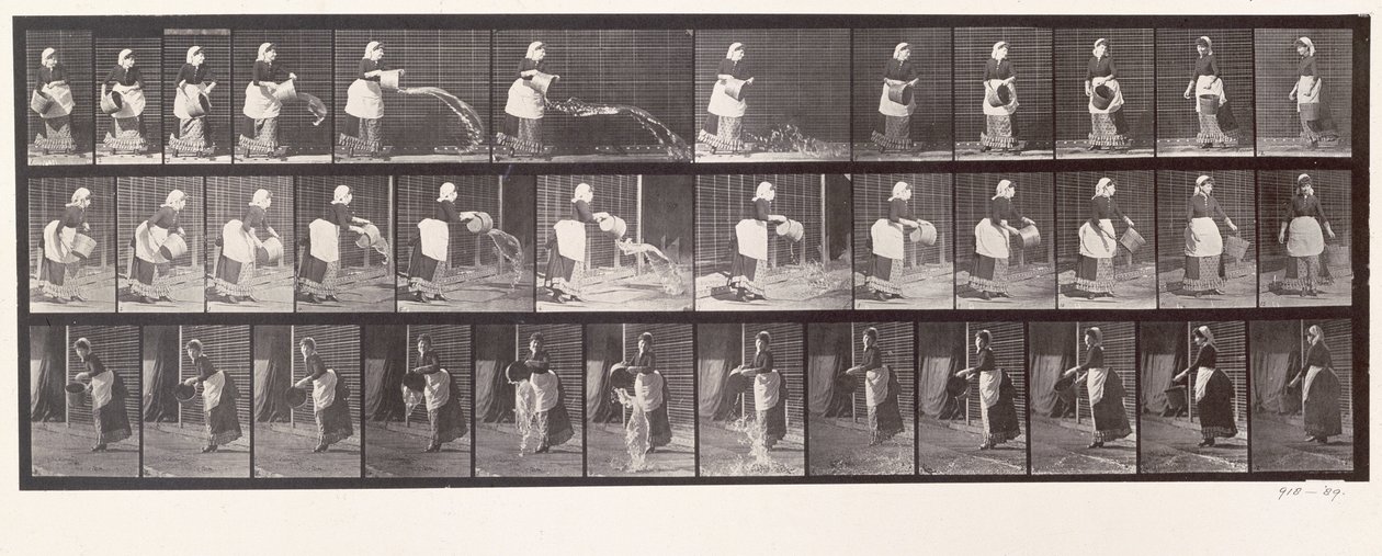 Panna rzucająca wiadro z wodą, tablica 404 z "Animal Locomotion", 1887 autorstwa Eadweard Muybridge
