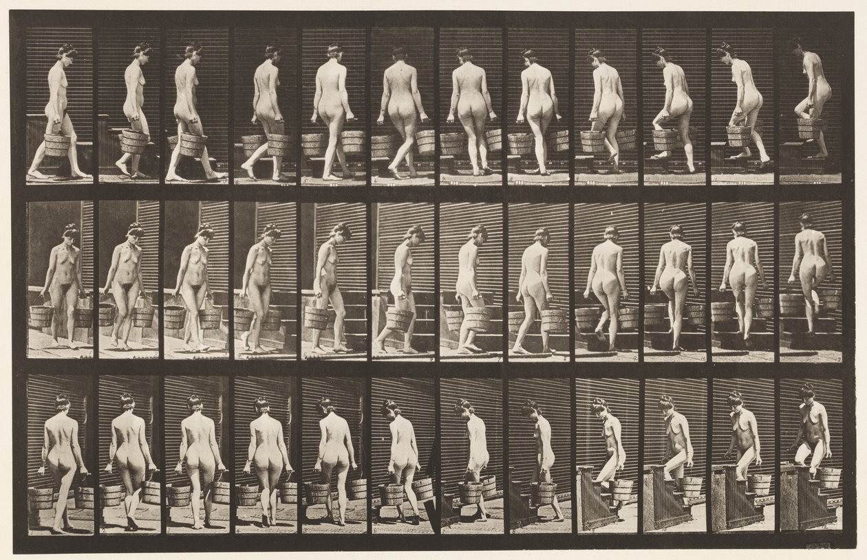 Płyta 104. Schody skręcające i wznoszące się, wiadro wody w każdej ręce, 1872-1885 autorstwa Eadweard Muybridge