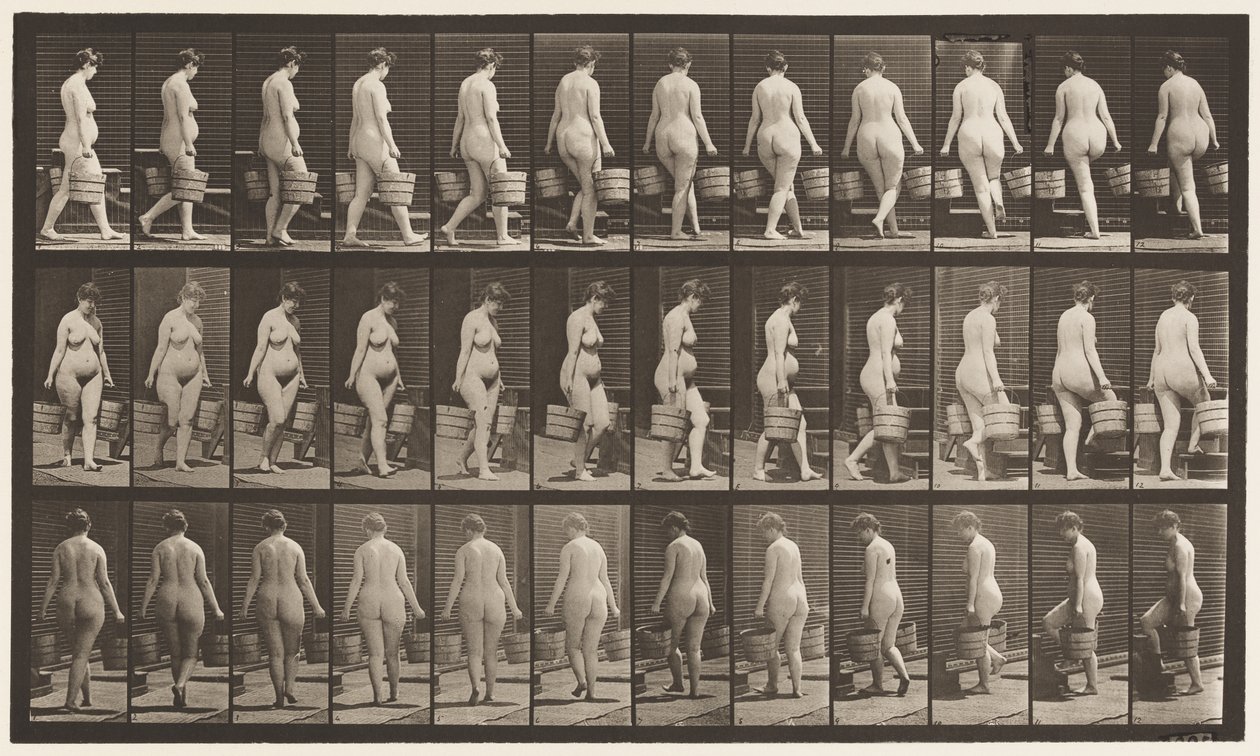 Płyta 106. Zwracając się do schodów wstępujących, wiadro wody w każdej ręce, 1872-1885 autorstwa Eadweard Muybridge