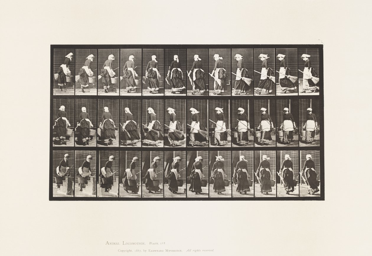 Płyta 107. Zwrot do schodów wstępujących, wiadro z wodą i miotła w rękach autorstwa Eadweard Muybridge