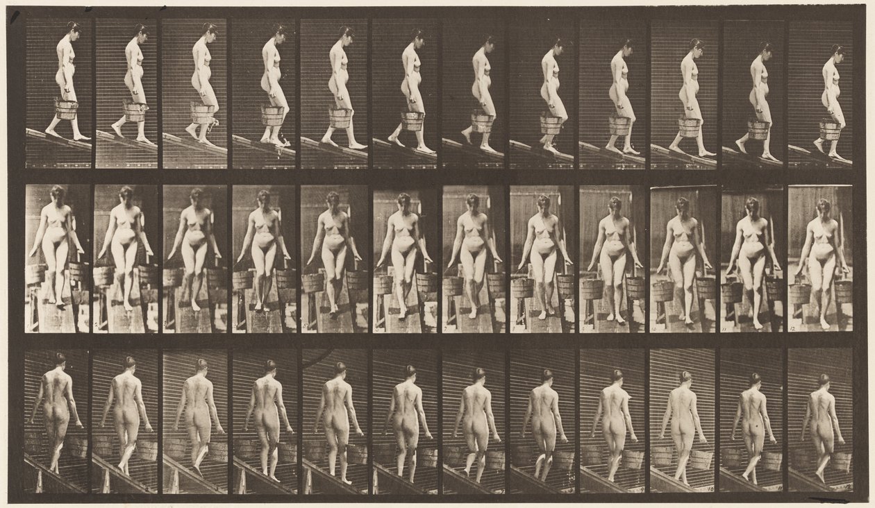 Płyta 121. Opadające nachylenie, wiadro wody w każdej ręce autorstwa Eadweard Muybridge