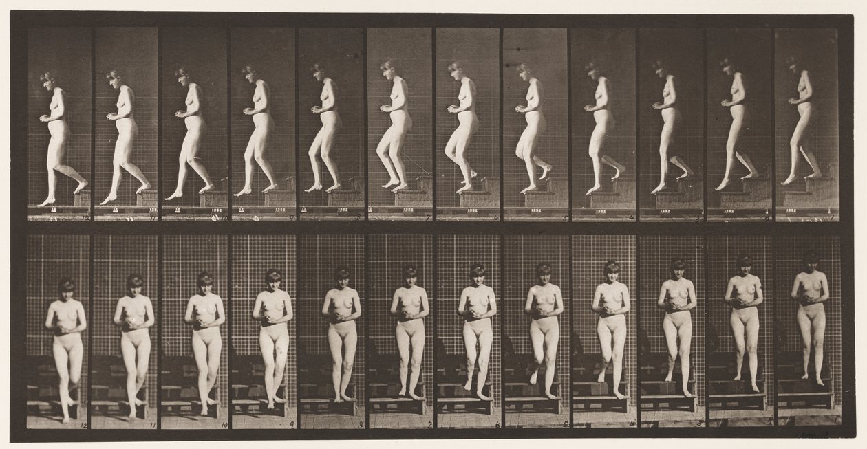Talerz 128. Schody schodzące, ręce splecione, 1872-1885 autorstwa Eadweard Muybridge