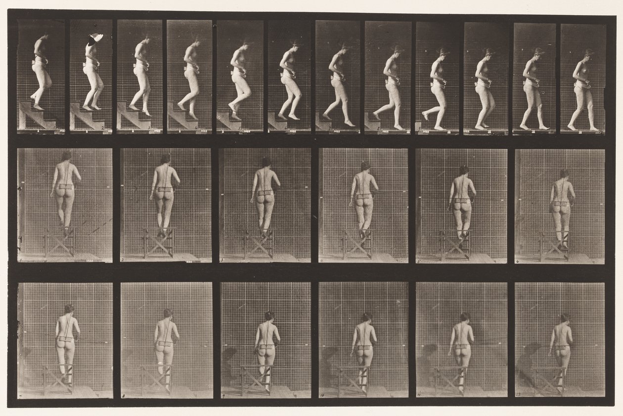 Talerz 130. Schody schodzące, ręce splecione, 1872-1885 autorstwa Eadweard Muybridge
