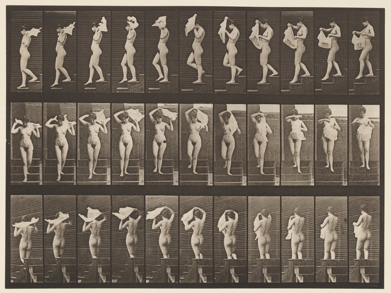 Płyta 133. Zstępujące schody, zarzucanie chusteczki na ramiona, 1872-1885 autorstwa Eadweard Muybridge