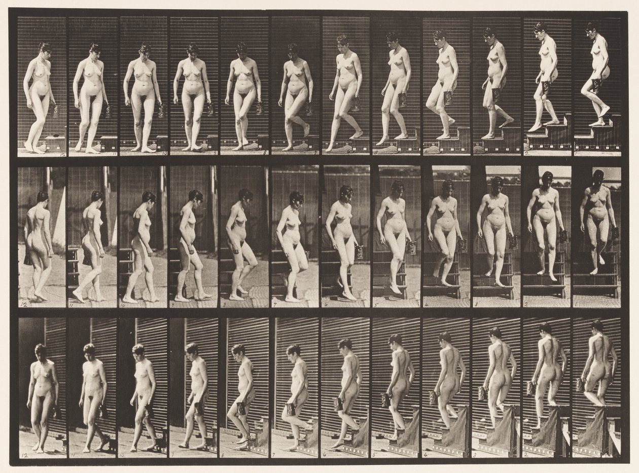 Płyta 138. Obracanie się schodków malejąco; Dzban w lewej ręce autorstwa Eadweard Muybridge