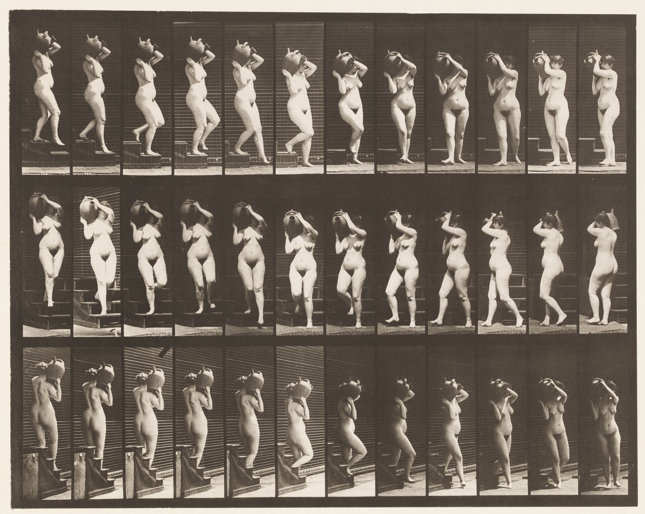 Płyta 147. Schody schodzące; Obracanie słoika z wodą na prawym ramieniu, 1872-1885 autorstwa Eadweard Muybridge