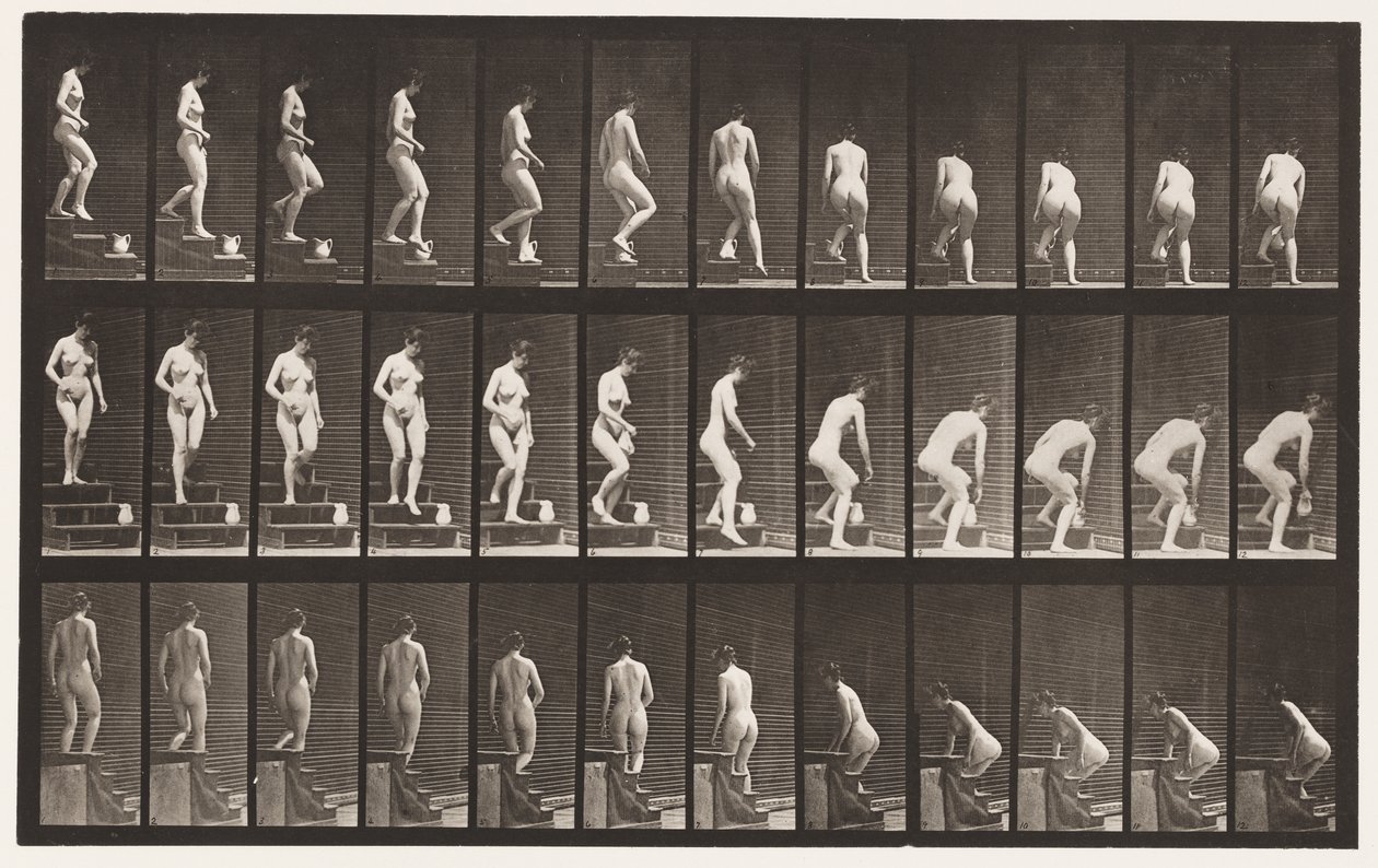 Płyta 149. Schody schodzące; Pochylając się, by podnieść dzban, 1872-1885 autorstwa Eadweard Muybridge