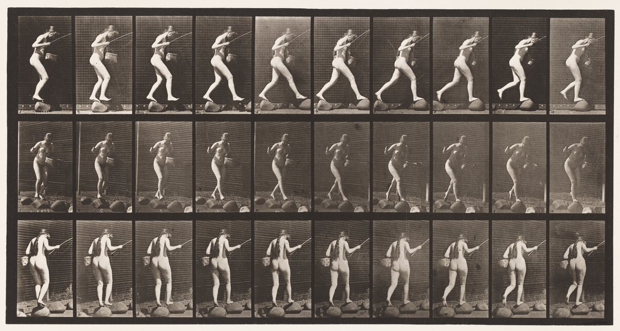 Tablica 176. Przeprawa przez strumyk po stopniach z wędką i koszem autorstwa Eadweard Muybridge