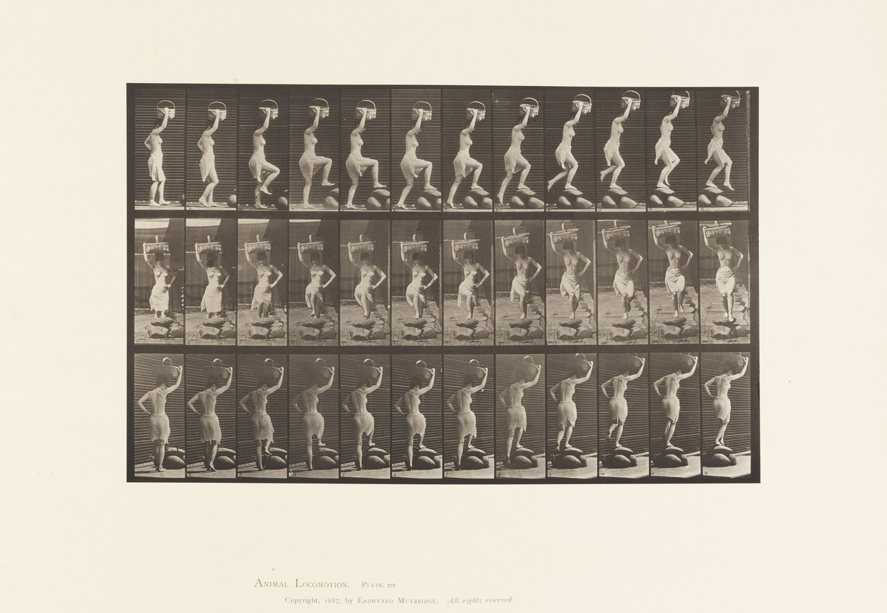 Płyta 179. Wchodzenie i przechodzenie przez skałę, kosz na głowę autorstwa Eadweard Muybridge