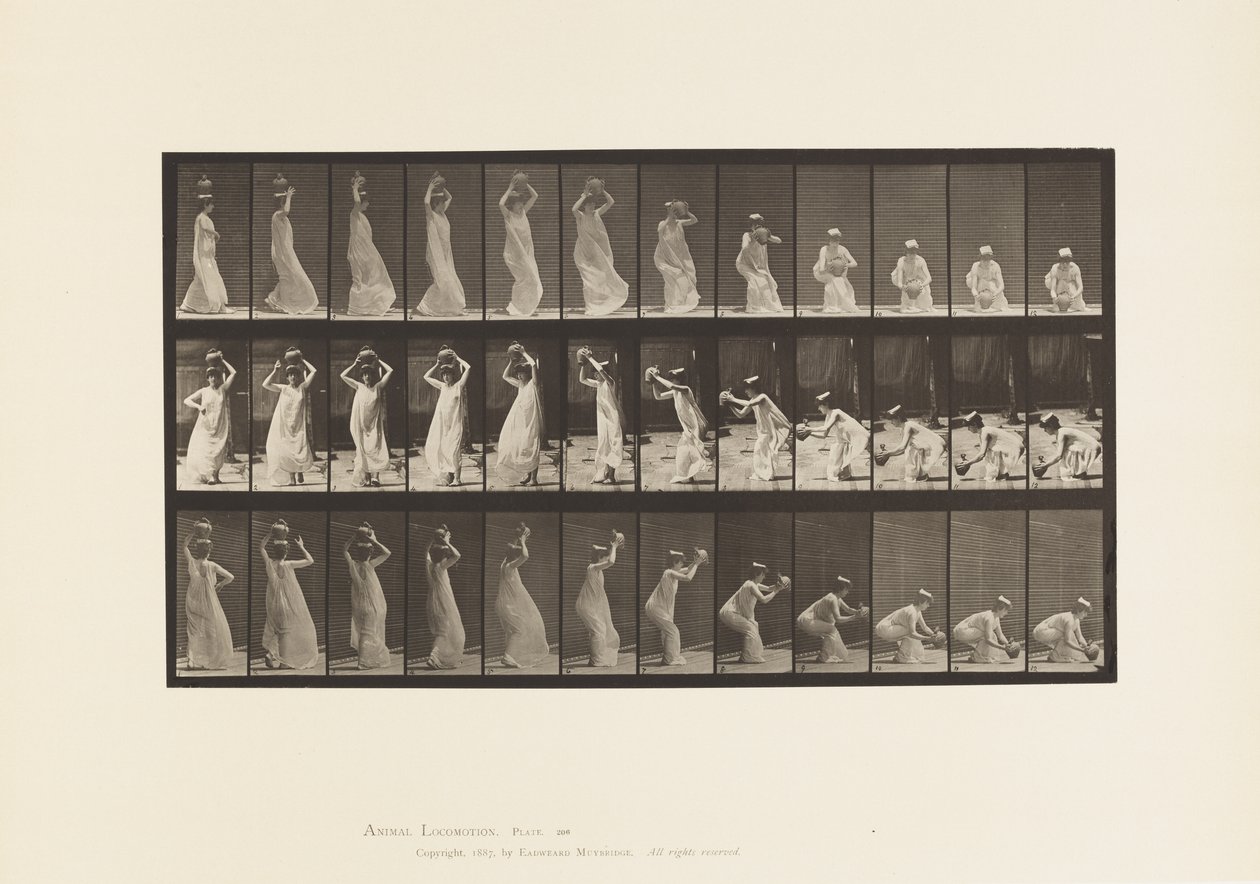 Talerz 206. Noszenie słoika z wodą na głowie, obracanie i zakładanie autorstwa Eadweard Muybridge