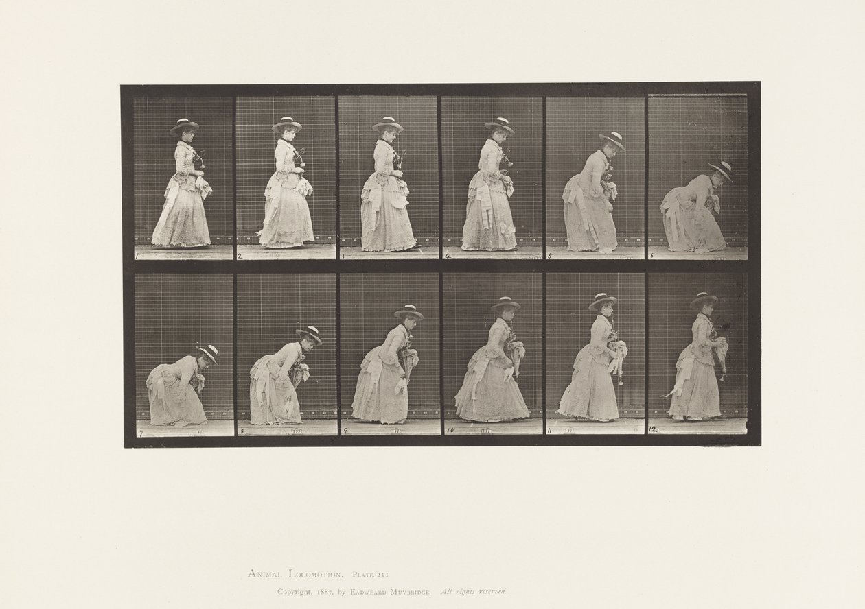 Talerz 211.Pochylona i podnosząca chustkę;Parasol w lewej ręce, 1885 autorstwa Eadweard Muybridge
