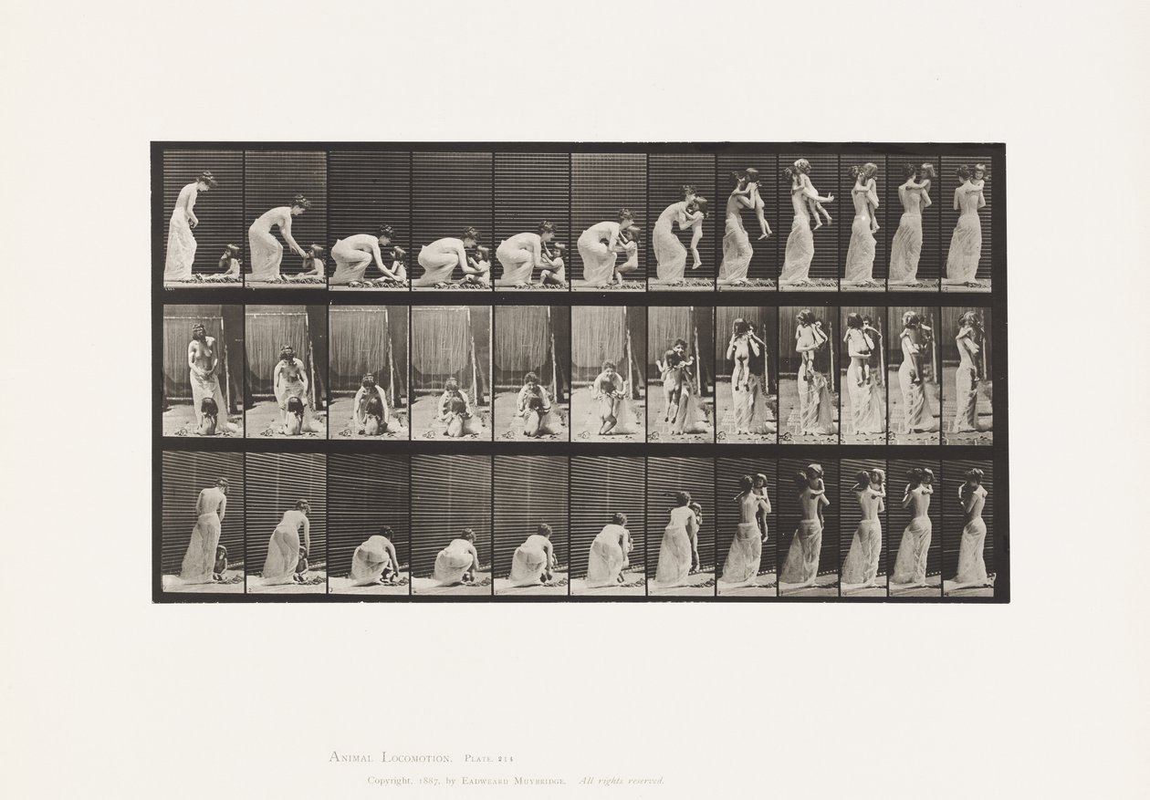 Tabliczka 214. Podnoszenie dziecka (70) z ziemi, odwracanie się autorstwa Eadweard Muybridge