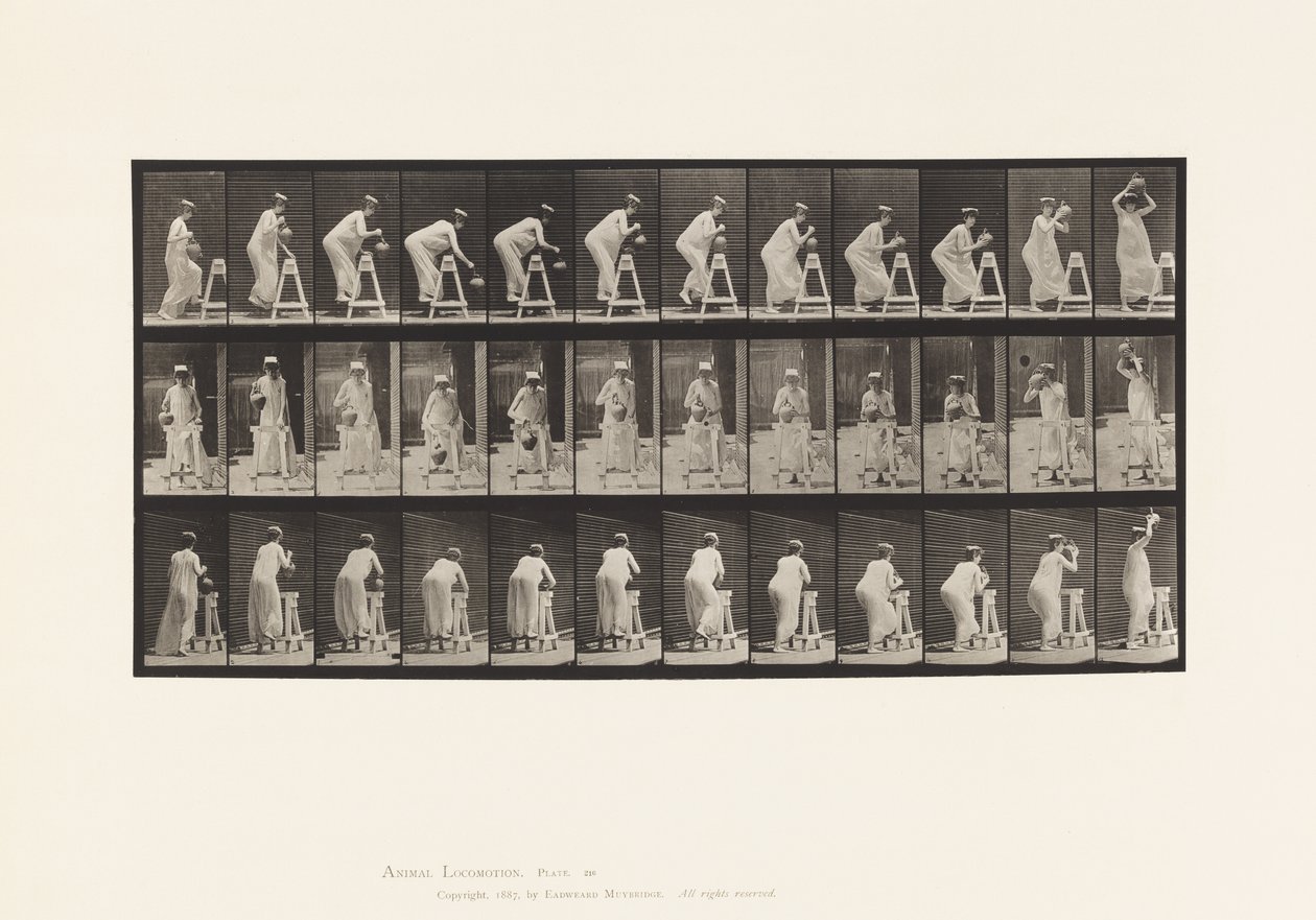Płyta 216. Zginanie w celu napełnienia słoika z wodą; Umieszczanie słoika na głowie autorstwa Eadweard Muybridge