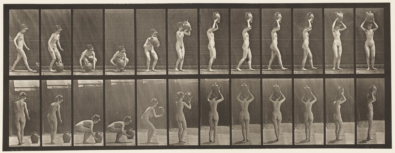 Talerz 222. Pochylanie i podnoszenie słoika z wodą do głowy i obracanie autorstwa Eadweard Muybridge