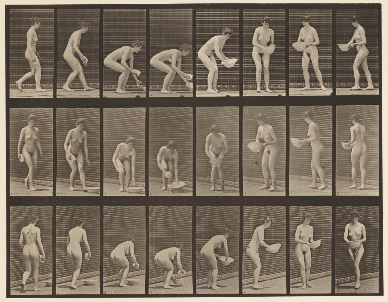 Tabliczka 223. Pochylanie i podnoszenie basenu, wycieranie go i obracanie, 1872-1885 autorstwa Eadweard Muybridge