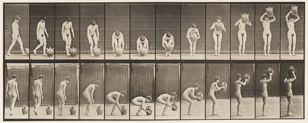 Talerz 224. Pochylanie i podnoszenie słoika z wodą do głowy autorstwa Eadweard Muybridge