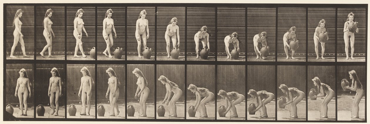 Płyta 228. Obracanie i podnoszenie słoika z wodą z ziemi autorstwa Eadweard Muybridge
