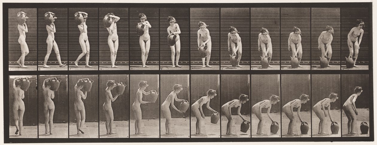 Płyta 235. Obracanie i wyjmowanie słoika z wodą z ramienia na ziemię, 1872-1885 autorstwa Eadweard Muybridge