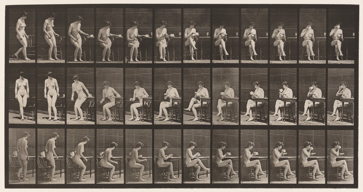 Talerz 238. Siedzenie na krześle, krzyżowanie nóg, picie z filiżanki herbaty autorstwa Eadweard Muybridge