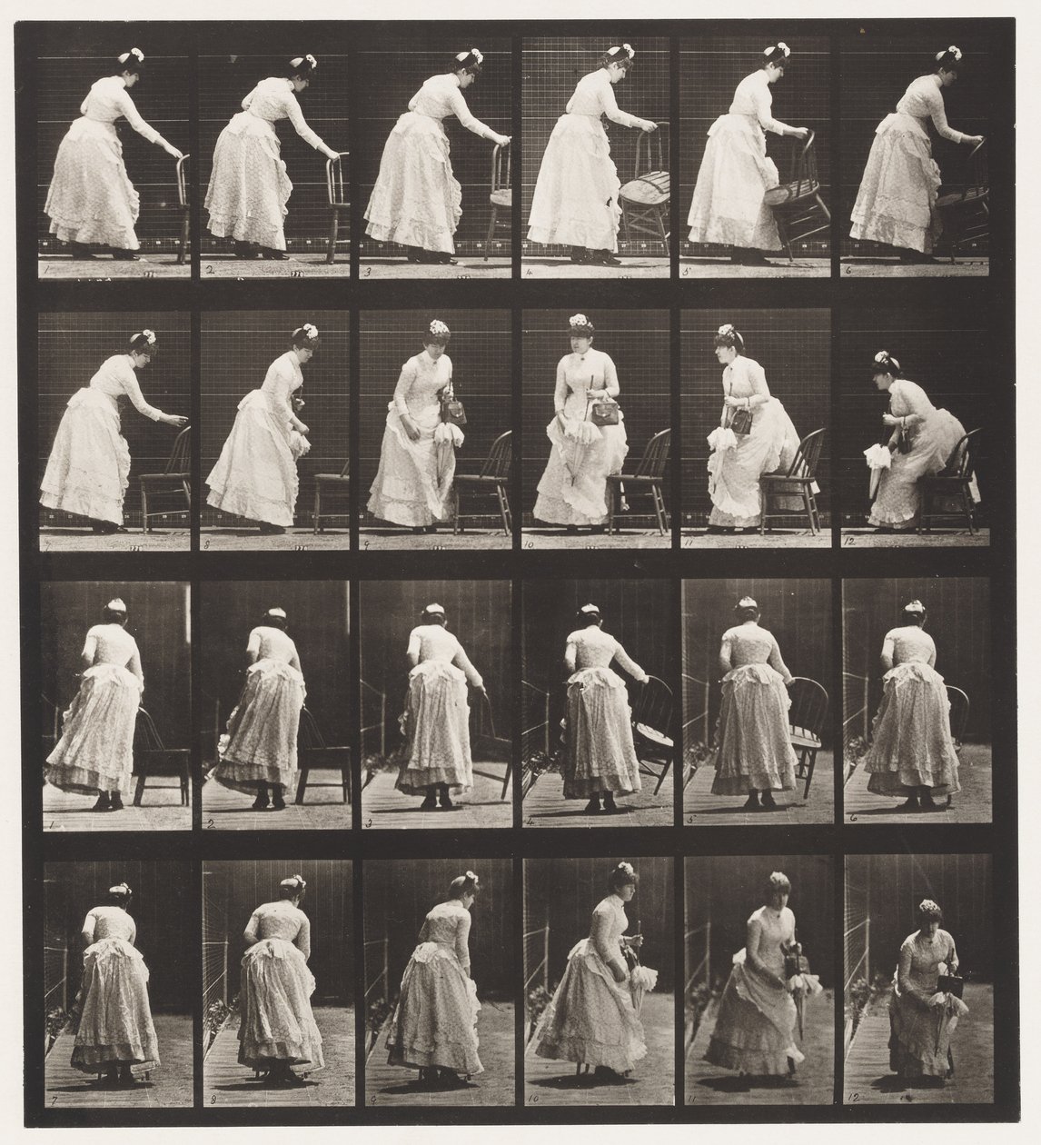 Talerz 243. Umieszczanie krzesła, siedzenie i flirtowanie z wachlarzem autorstwa Eadweard Muybridge