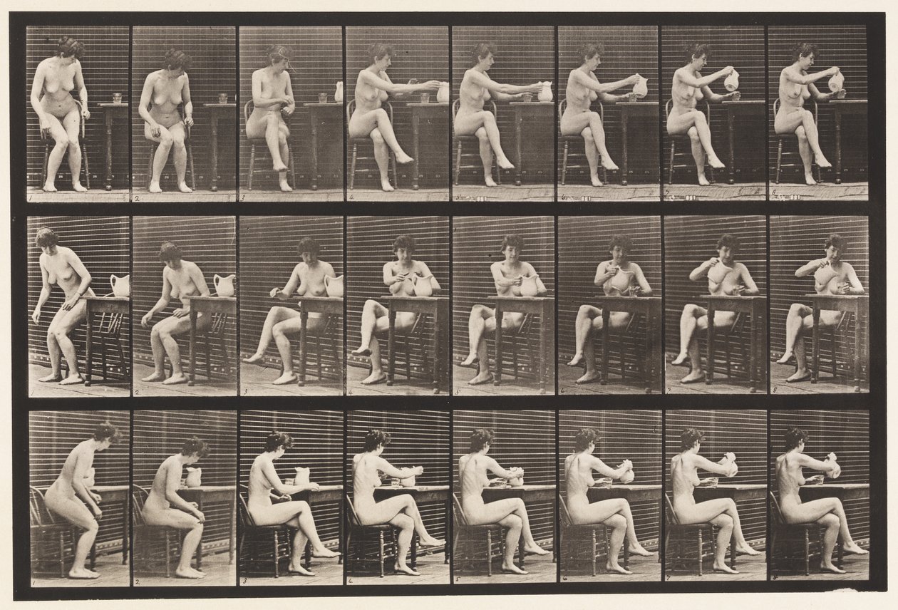 Talerz 244. Siedząc skrzyżowane nogi, kielich do napełniania z dzbanka autorstwa Eadweard Muybridge