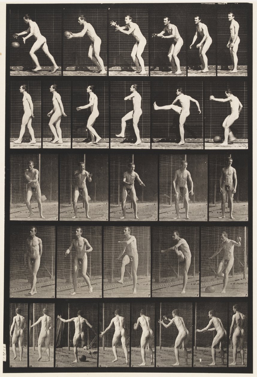 Płyta 300.Piłka nożna; kopnięcie z rzutu, 1885 autorstwa Eadweard Muybridge