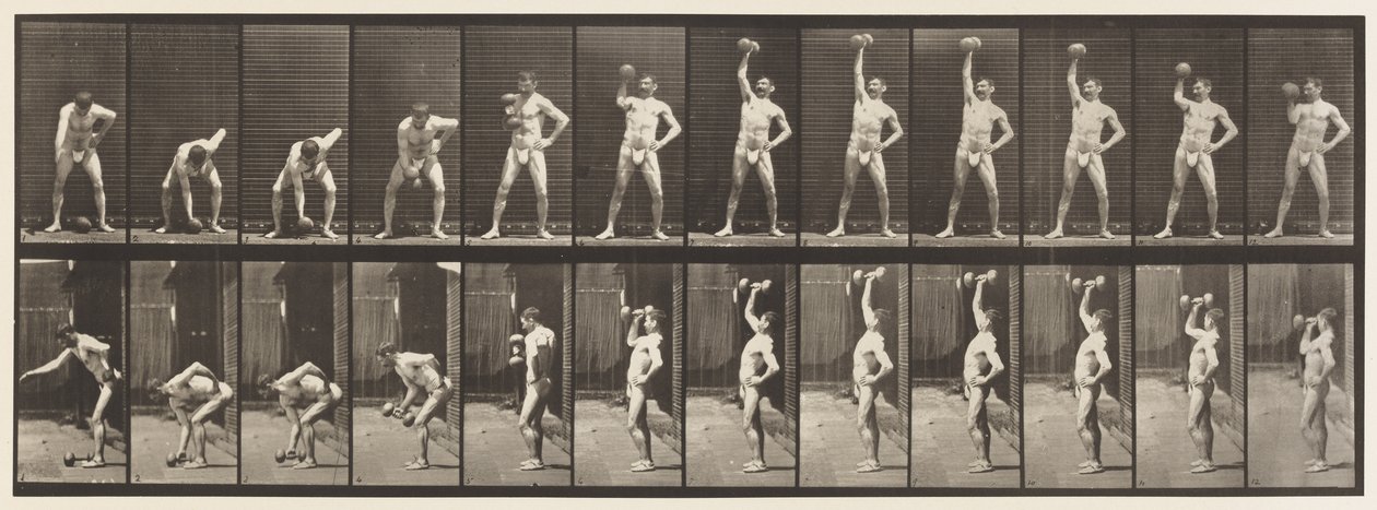 Płyta 320. Podnoszenie 50-funtowego głupiego dzwonka autorstwa Eadweard Muybridge