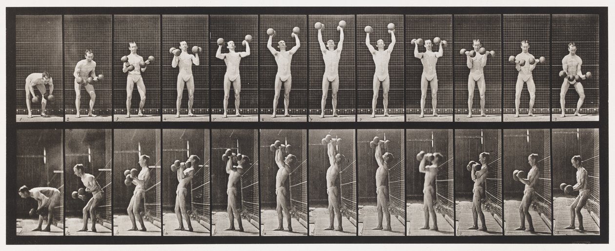 Płytka 322. Podnoszenie i opuszczanie dwóch 50-funtowych hantle autorstwa Eadweard Muybridge