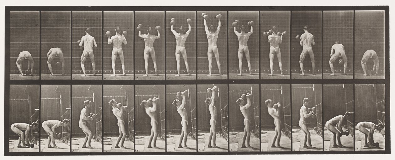 Płytka 323. Podnoszenie i opuszczanie dwóch 50-funtowych hantle autorstwa Eadweard Muybridge