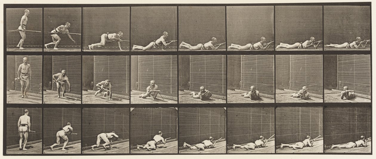 Płyta 357. Leżenie na brzuchu i strzelanie autorstwa Eadweard Muybridge