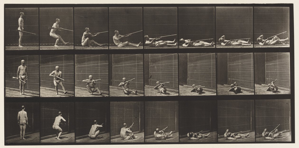 Płyta 358. Leżąc na plecach i strzelając, 1872-1885 autorstwa Eadweard Muybridge