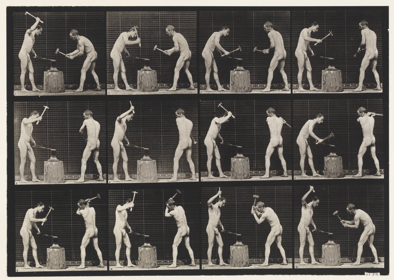 Tabliczka 374. Kowale, dwa modele, kucie w kowadle autorstwa Eadweard Muybridge