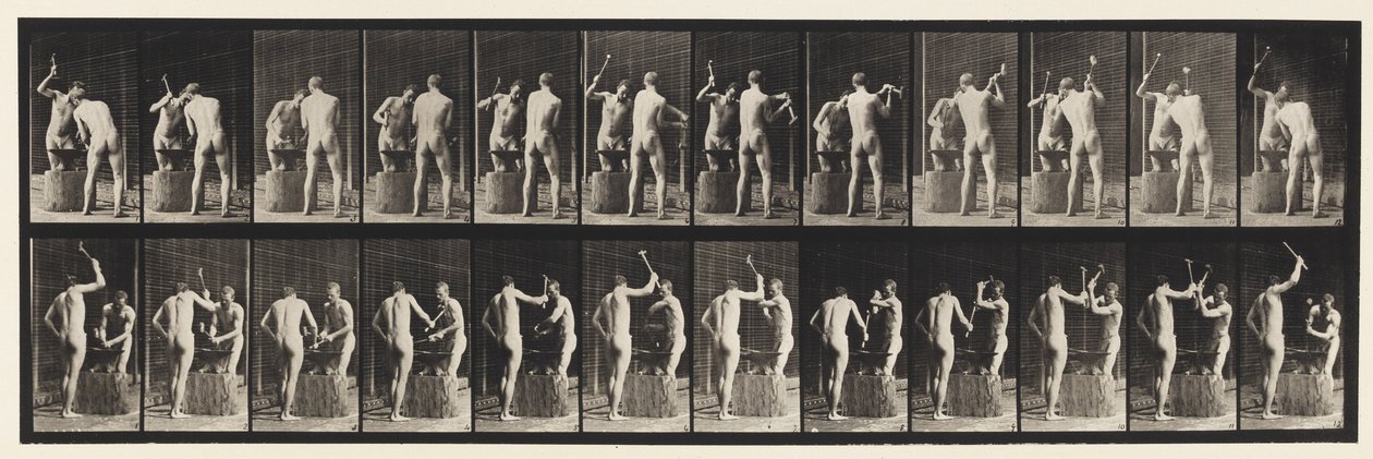 Tabliczka 375. Kowale, dwa modele, kucie w kowadle autorstwa Eadweard Muybridge