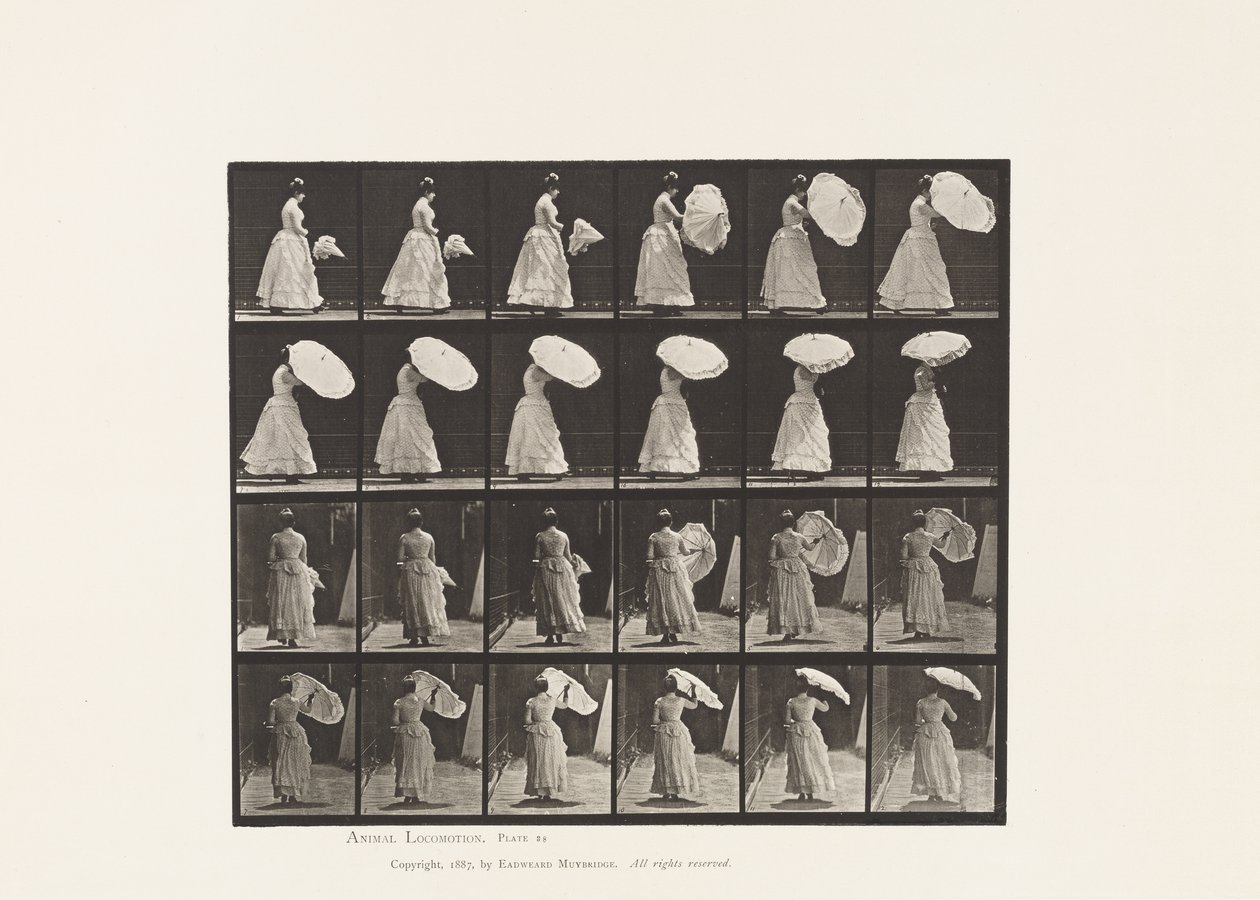 Talerz 38. Spacer, Parasol otwierający, 1885 autorstwa Eadweard Muybridge