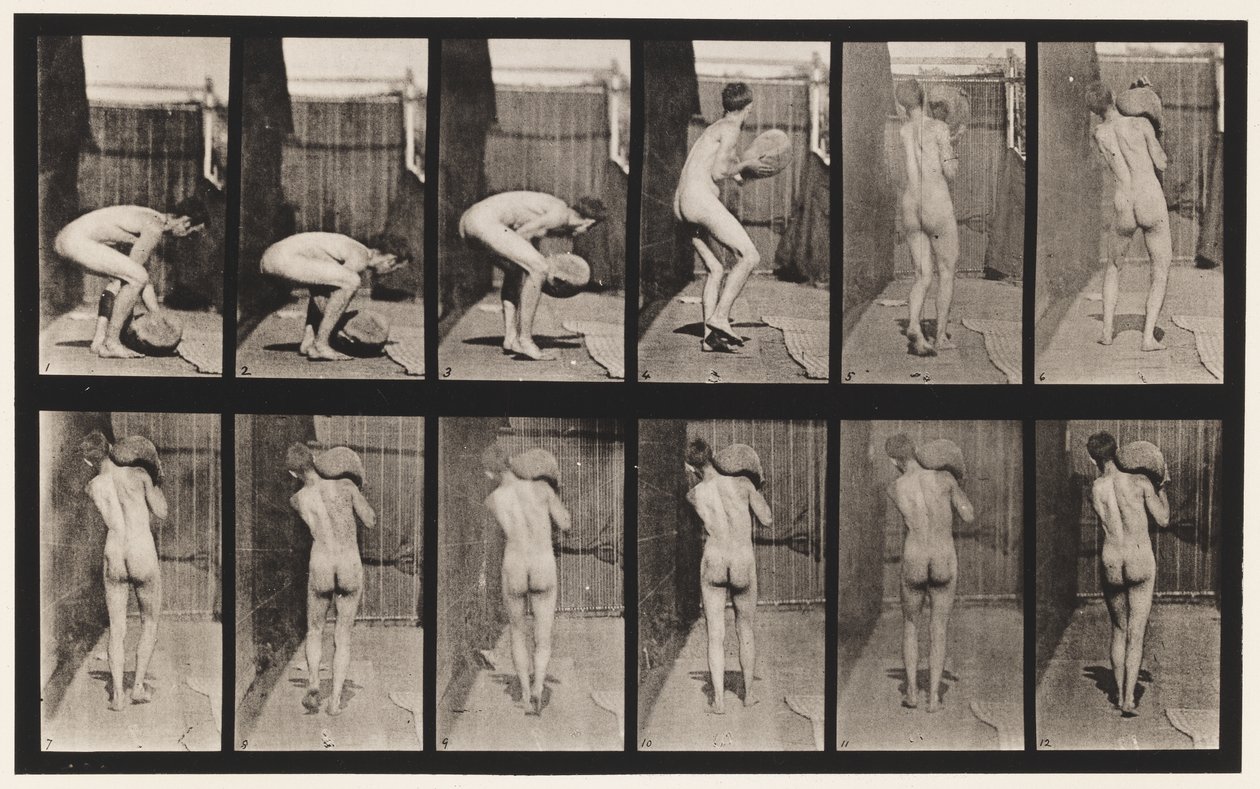 Płyta 397. Podnoszenie 75 funtów. Kamień na ramieniu, 1872-1885 autorstwa Eadweard Muybridge