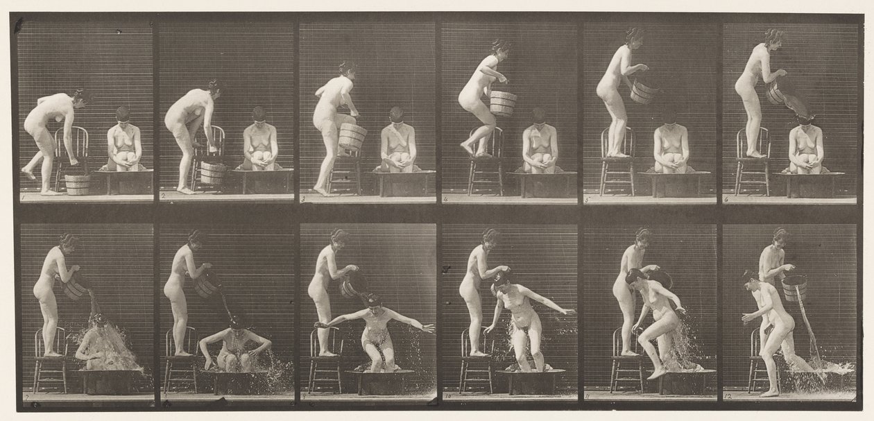 Tabliczka 406. Dwa modele, 8 wiader do nalewania wody powyżej 1 autorstwa Eadweard Muybridge