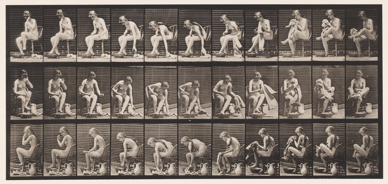 Tabliczka 411. Podnoszenie ręcznika podczas siedzenia i wycieranie stóp, 1872-1885 autorstwa Eadweard Muybridge