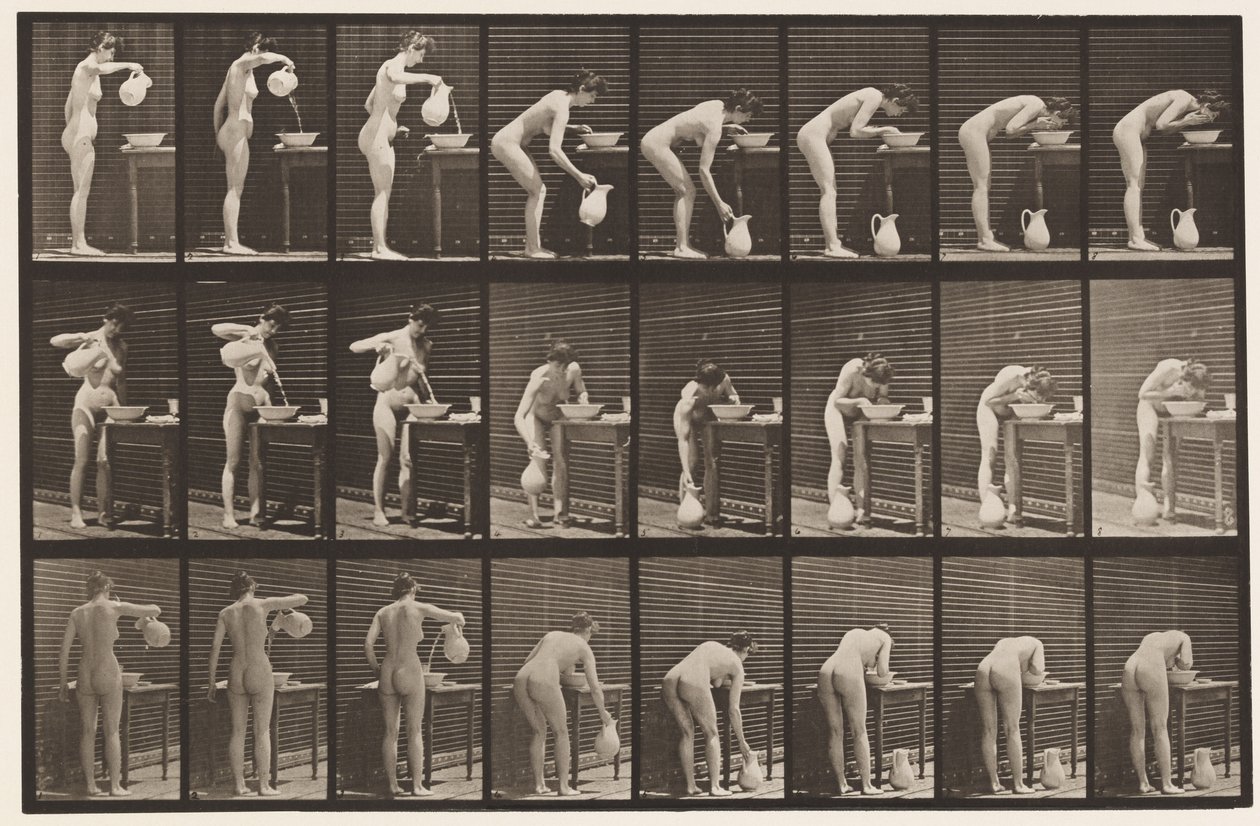 Talerz 413. Wlewanie wody do miski i mycie twarzy autorstwa Eadweard Muybridge