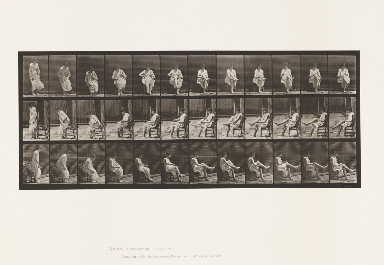 Talerz 417. Toaleta; Siedzenie i zakładanie pończoch autorstwa Eadweard Muybridge