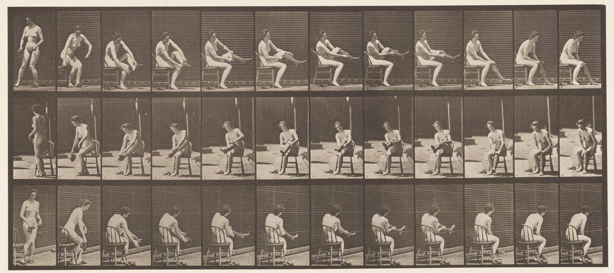 Talerz 418. Toaleta, siedzenie i wkładanie pończoch, 1872-1885 autorstwa Eadweard Muybridge