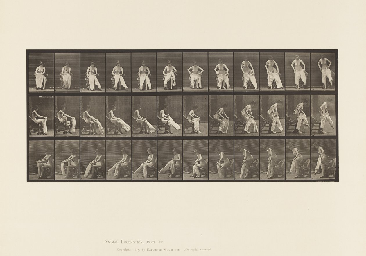Płyta 420.WC; Powstanie z krzesła i zakładanie ubrań, 1885 autorstwa Eadweard Muybridge