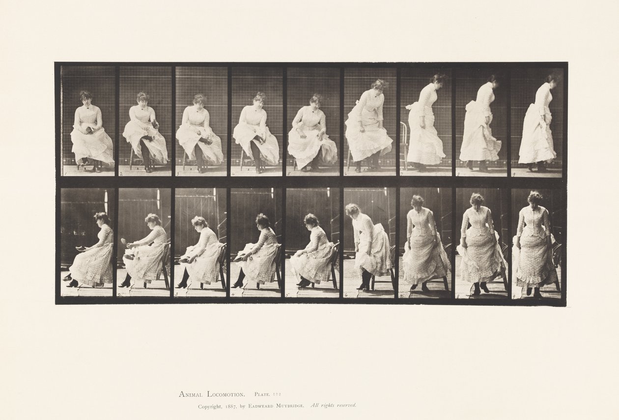 Płyta 422.WC; Zakładanie butów i wstawanie z krzesła, 1885 autorstwa Eadweard Muybridge